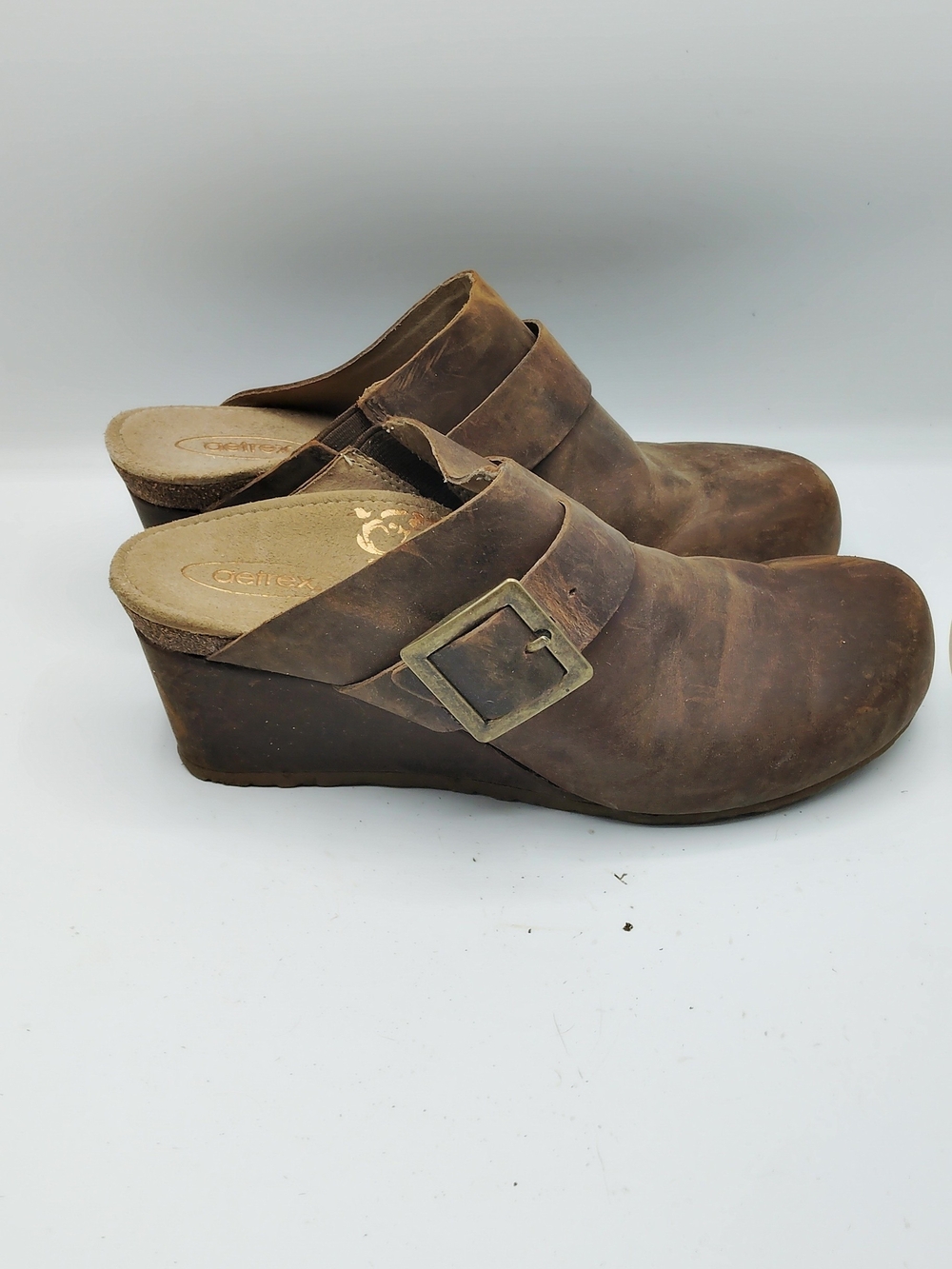 Aetrex Womens Brown Leather Slip-On Clog with Buckle Strap